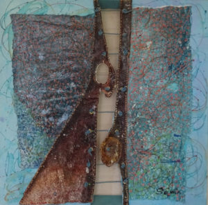 papiers, projections d'acrylique, cordes, oeillets sur toile évidée