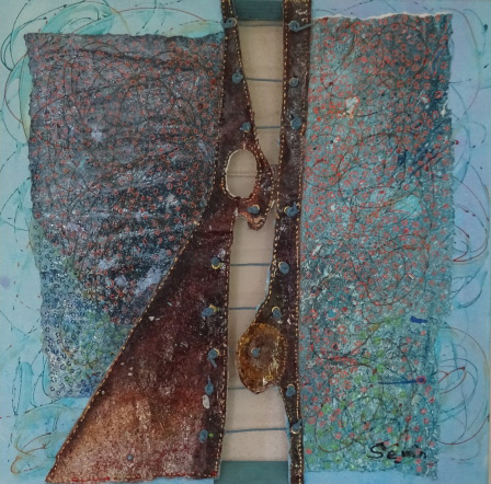 singularité papiers, projections d'acrylique, cordes, oeillets sur toile évidée