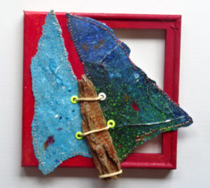 papiers, encre, acrylique, corde, bois flotté 20x 20