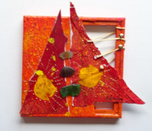 papier, acrylique, corde, clou, verre 20 x 20