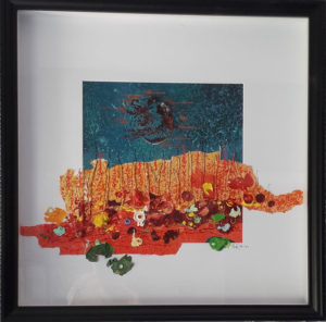 Papiers, acrylique projetée, encre, résidus séchés de tubes 30 x 30 Encadrement en profondeur