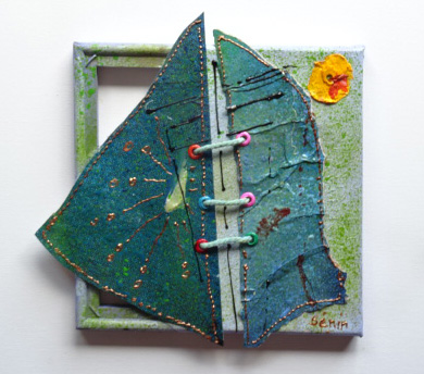 voile2 papier, encre, oeillets, corde sur toile 20 x 20