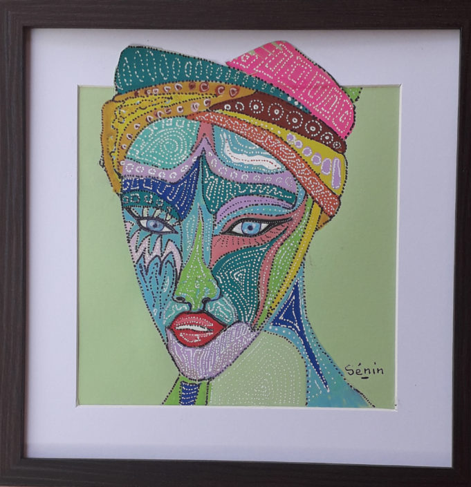 Femme au turban papier, posca, acrylique, encre